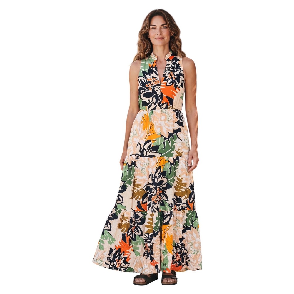 Vince Camuto Floral Tiered Maxi Dress Sleeveless Ruffle Neck Orange Green XS New